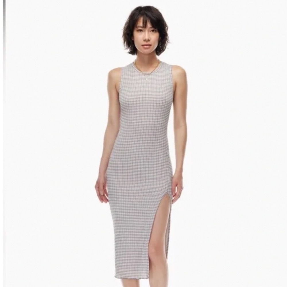 Wilfred Aritzia Gingham Check Sleeveless Midi Dress Grey White Slit Small